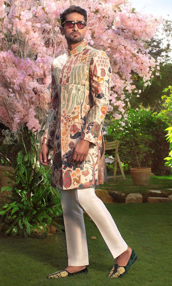 Beige Multi-Colour Printed Silk-Blend Achkan Sherwani (2-Piece) - Image 5