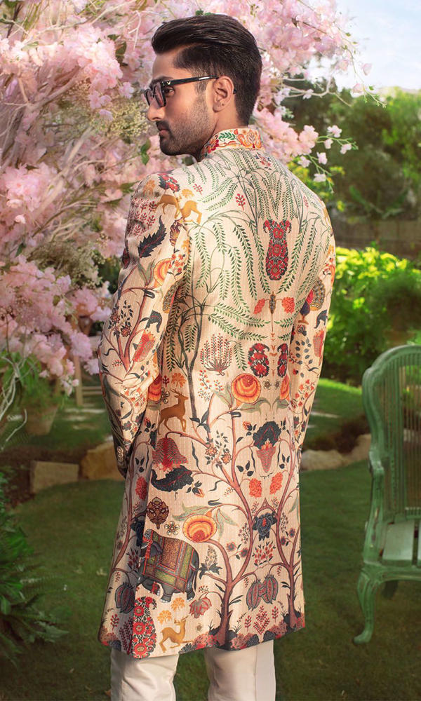 Beige Multi-Colour Printed Silk-Blend Achkan Sherwani (2-Piece) - Image 6