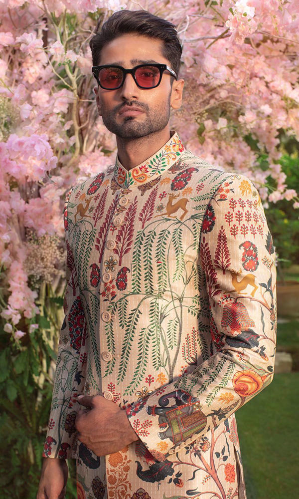 Beige Multi-Colour Printed Silk-Blend Achkan Sherwani (2-Piece) - Image 7