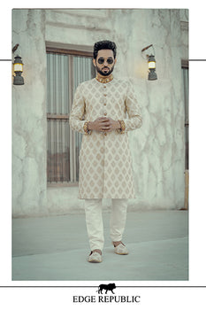 Beige Gold Mirror Work Silk Blend Sherwani (2-Piece) - Image 1