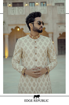 Beige Gold Mirror Work Silk Blend Sherwani (2-Piece) - Image 2