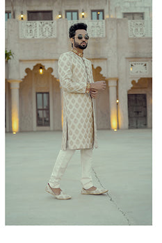 Beige Gold Mirror Work Silk Blend Sherwani (2-Piece) - Image 3