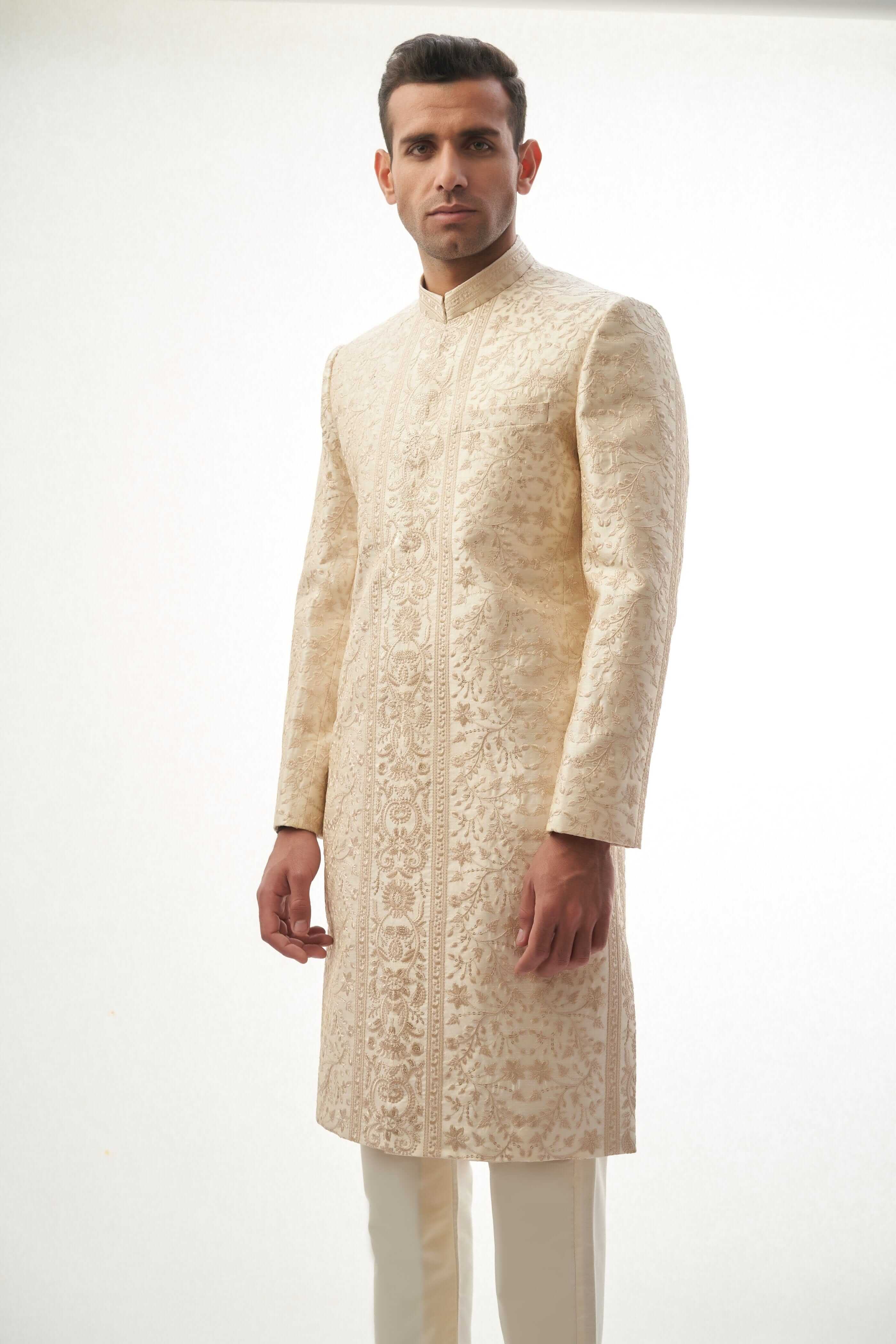 Fawn Resham Embroidered Silk-Blend Achkan Sherwani (3-Piece) - Image 1