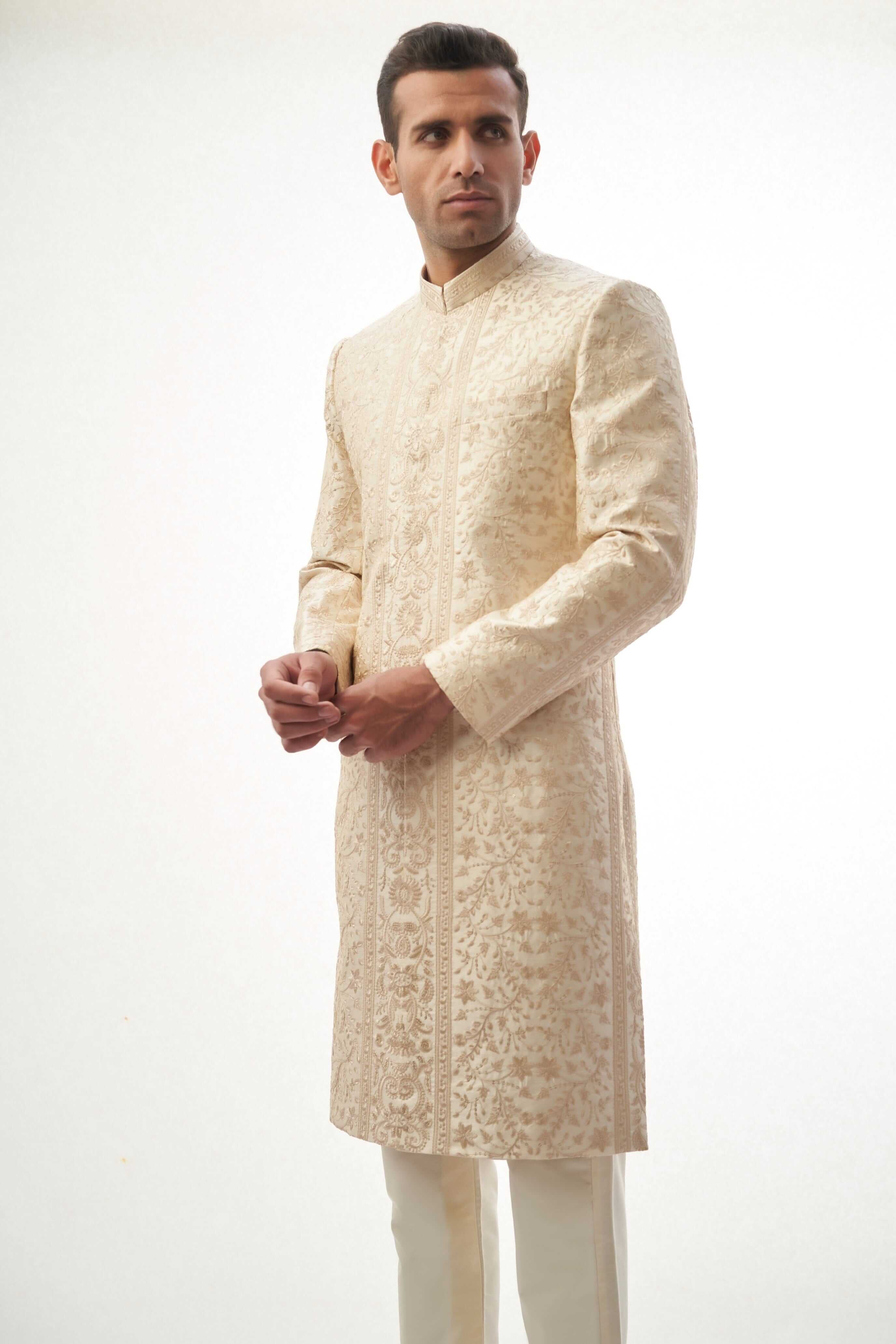 Fawn Resham Embroidered Silk-Blend Achkan Sherwani (3-Piece) - Image 2