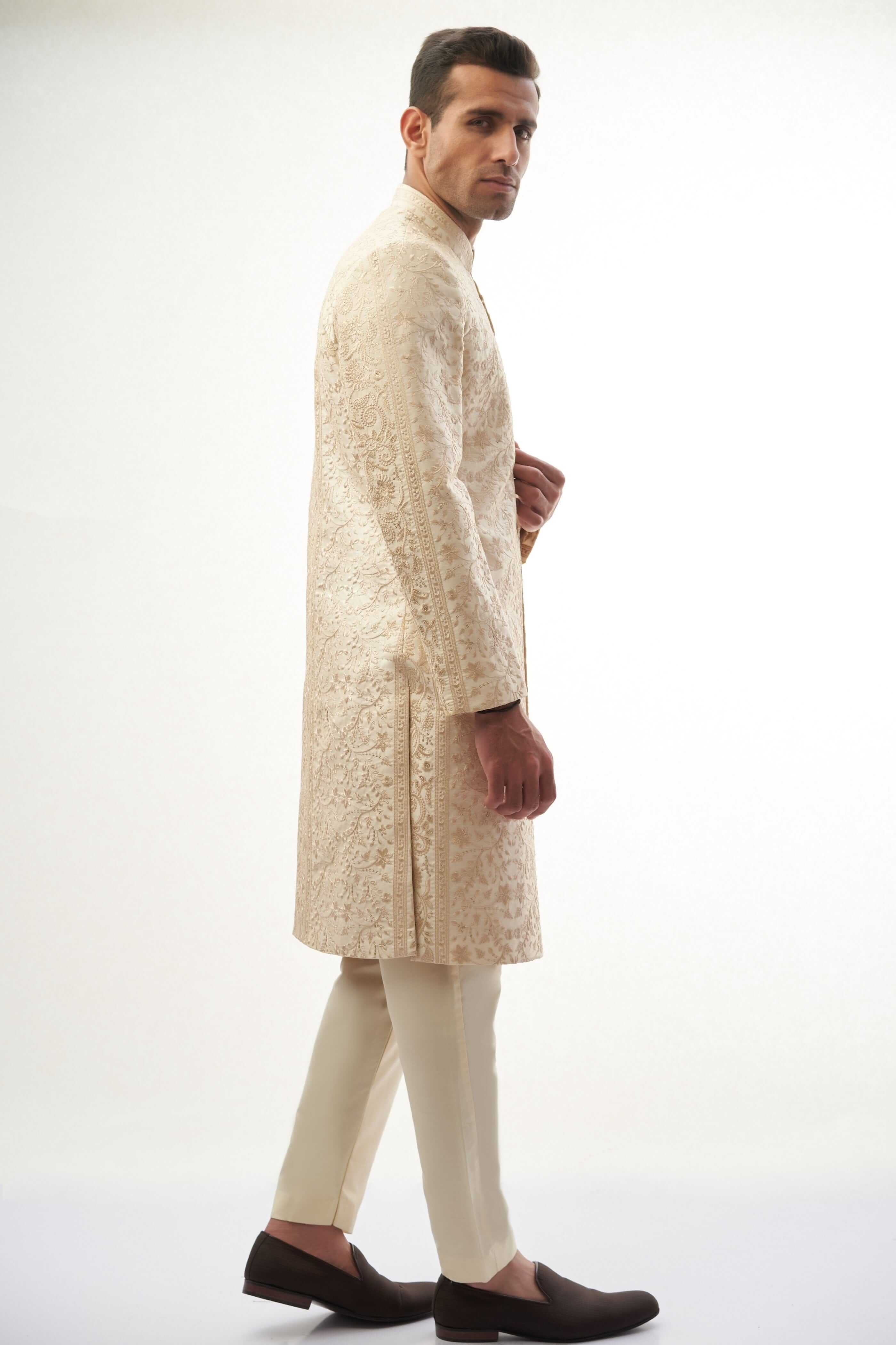 Fawn Resham Embroidered Silk-Blend Achkan Sherwani (3-Piece) - Image 3