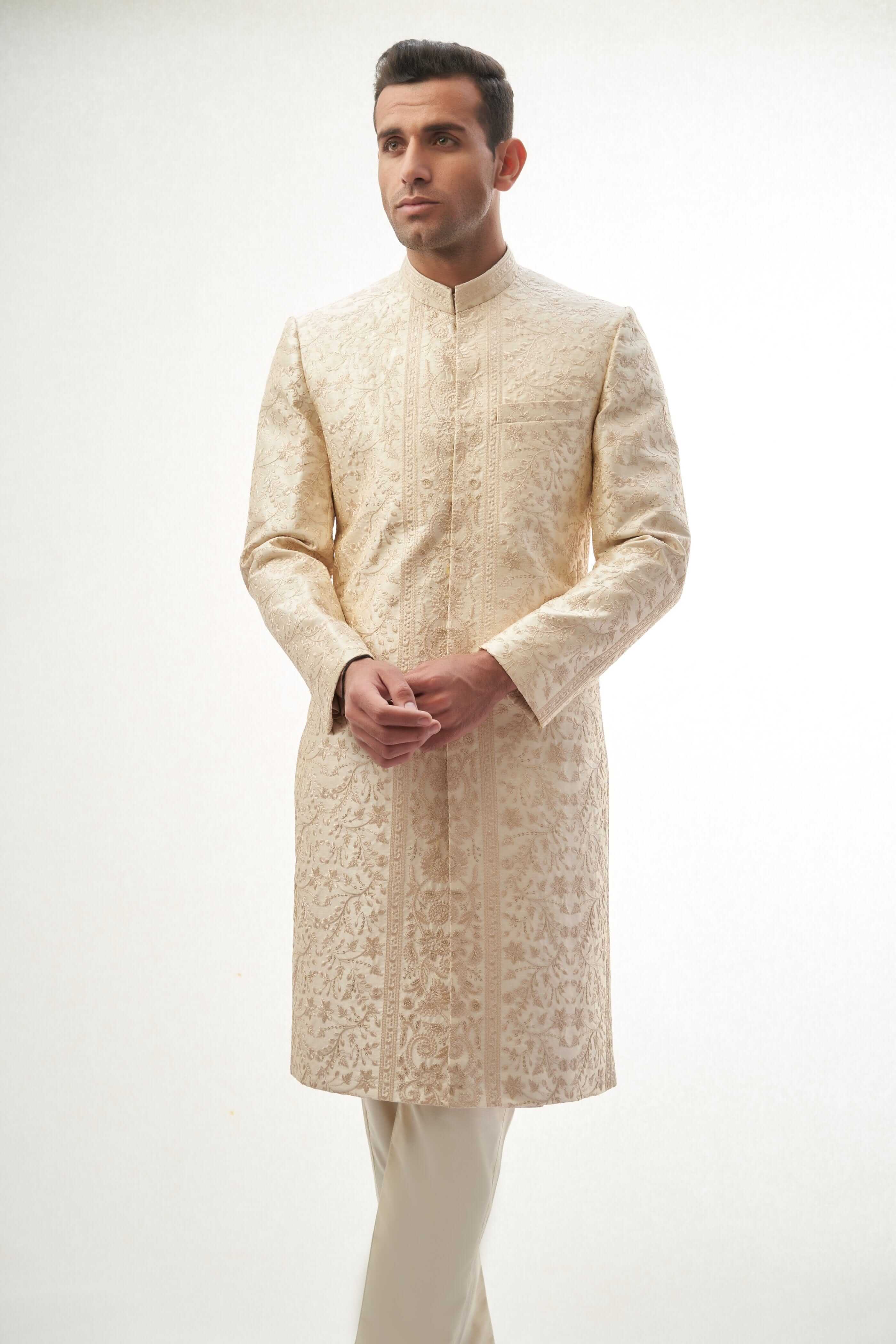 Fawn Resham Embroidered Silk-Blend Achkan Sherwani (3-Piece) - Image 4