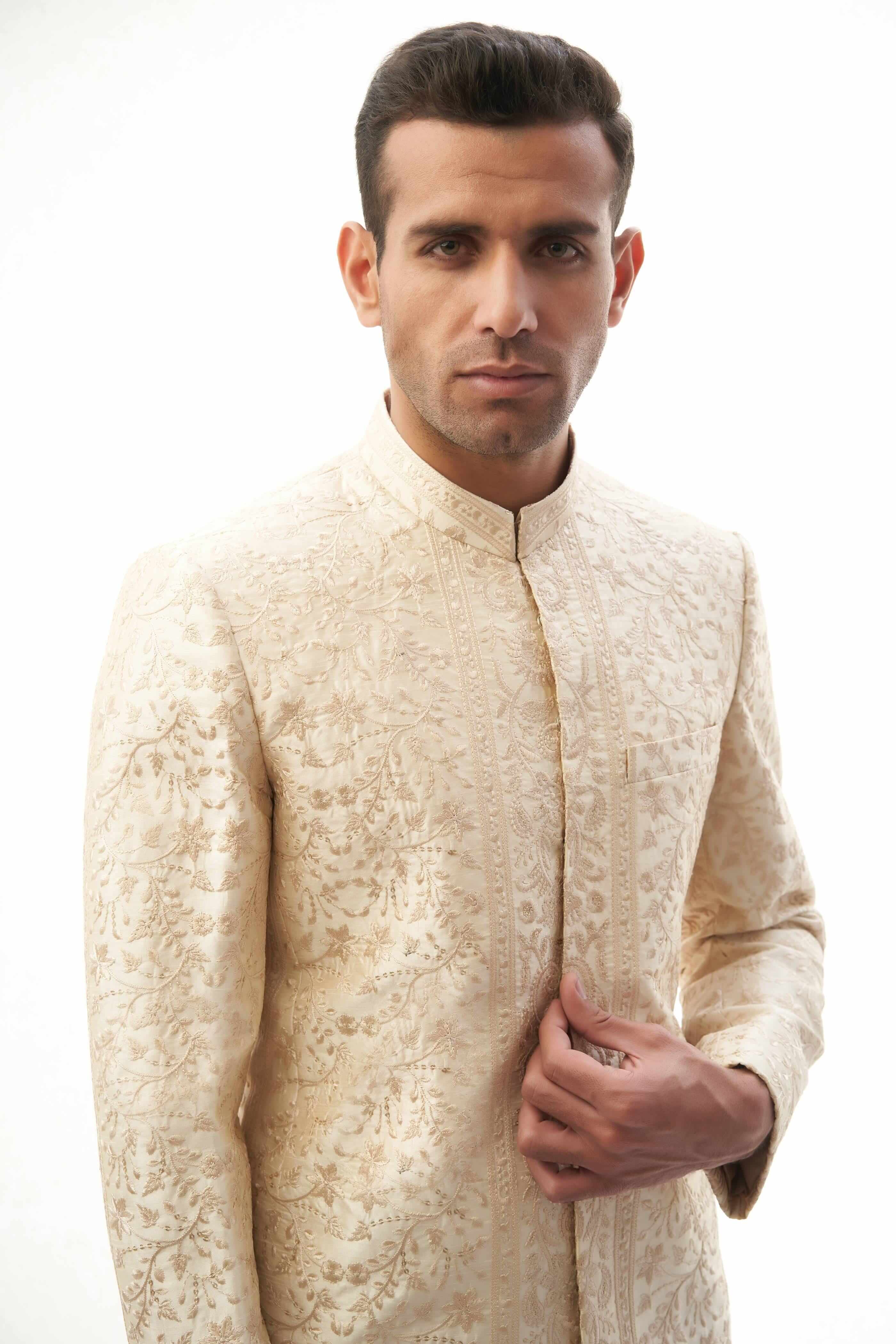 Fawn Resham Embroidered Silk-Blend Achkan Sherwani (3-Piece) - Image 5