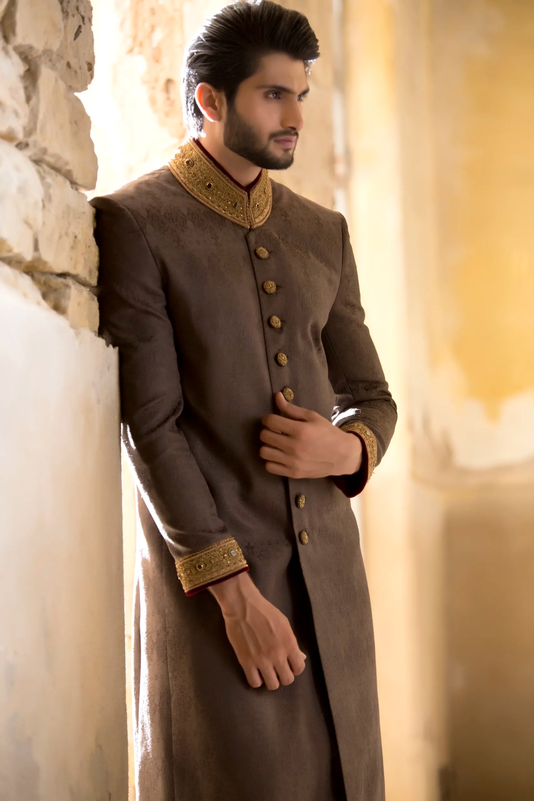 Taupe Hand-Embroidered Silk Blend Sherwani (2-Piece) - Image 1