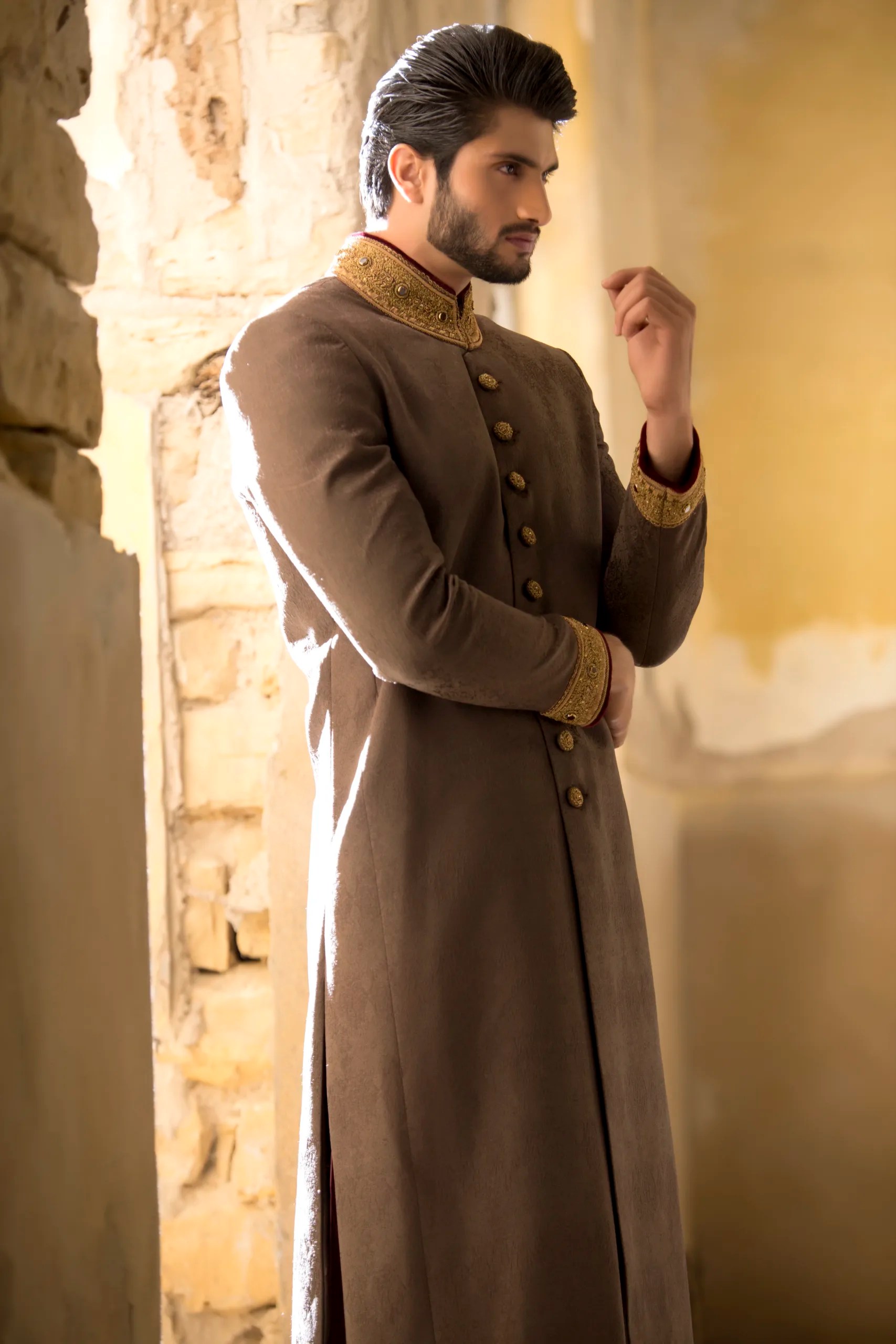 Taupe Hand-Embroidered Silk Blend Sherwani (2-Piece) - Image 2