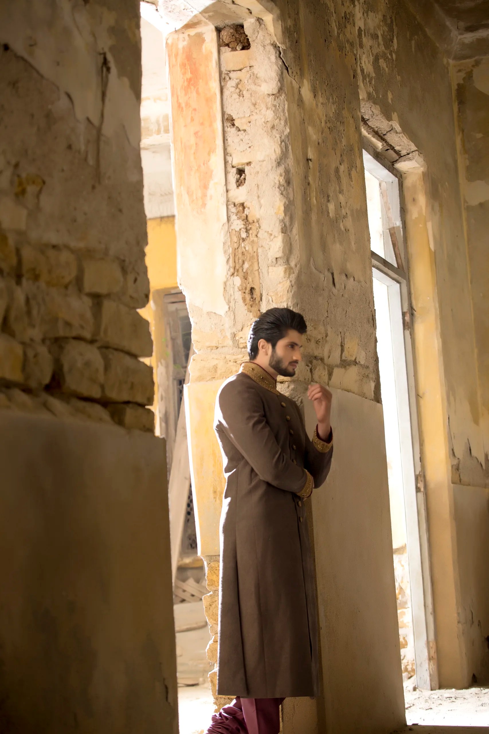 Taupe Hand-Embroidered Silk Blend Sherwani (2-Piece) - Image 3