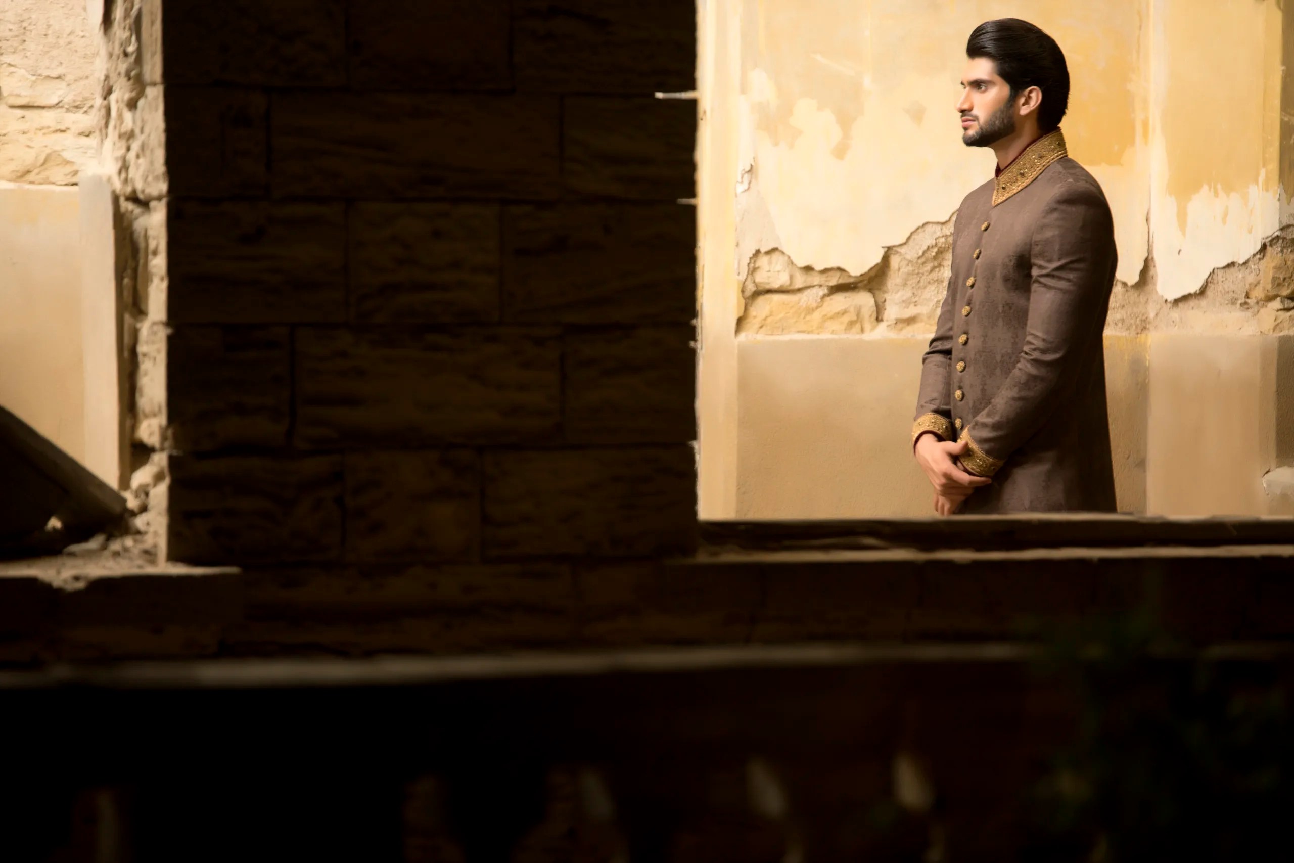 Taupe Hand-Embroidered Silk Blend Sherwani (2-Piece) - Image 4