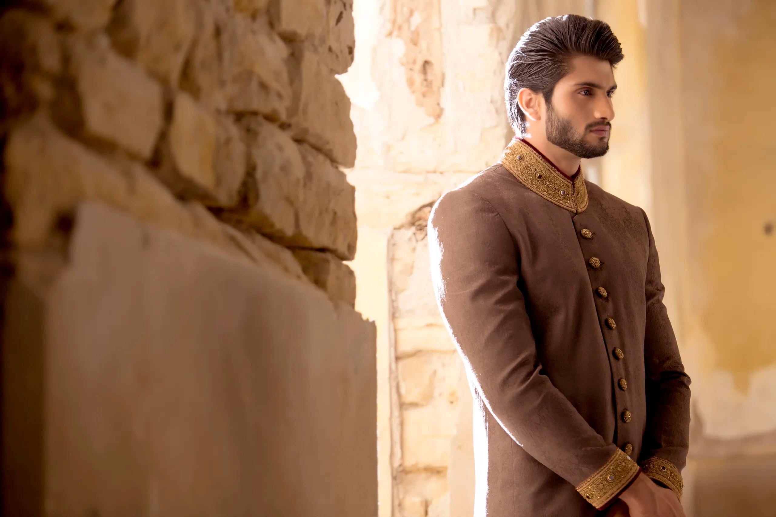 Taupe Hand-Embroidered Silk Blend Sherwani (2-Piece) - Image 5