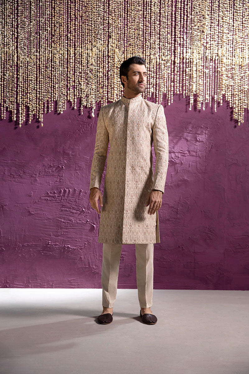 Beige Cross Stitch Embroidered Silk Blend Sherwani (2-Piece) - Image 1