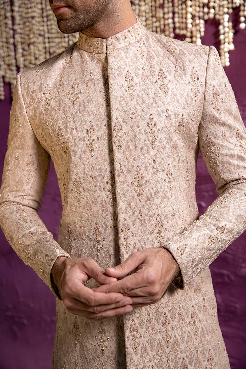 Beige Cross Stitch Embroidered Silk Blend Sherwani (2-Piece) - Image 3