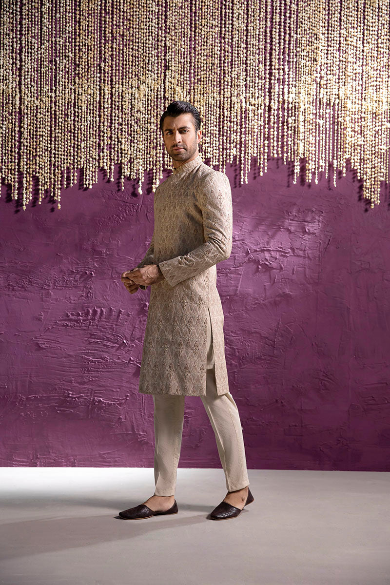 Beige Cross Stitch Embroidered Silk Blend Sherwani (2-Piece) - Image 4
