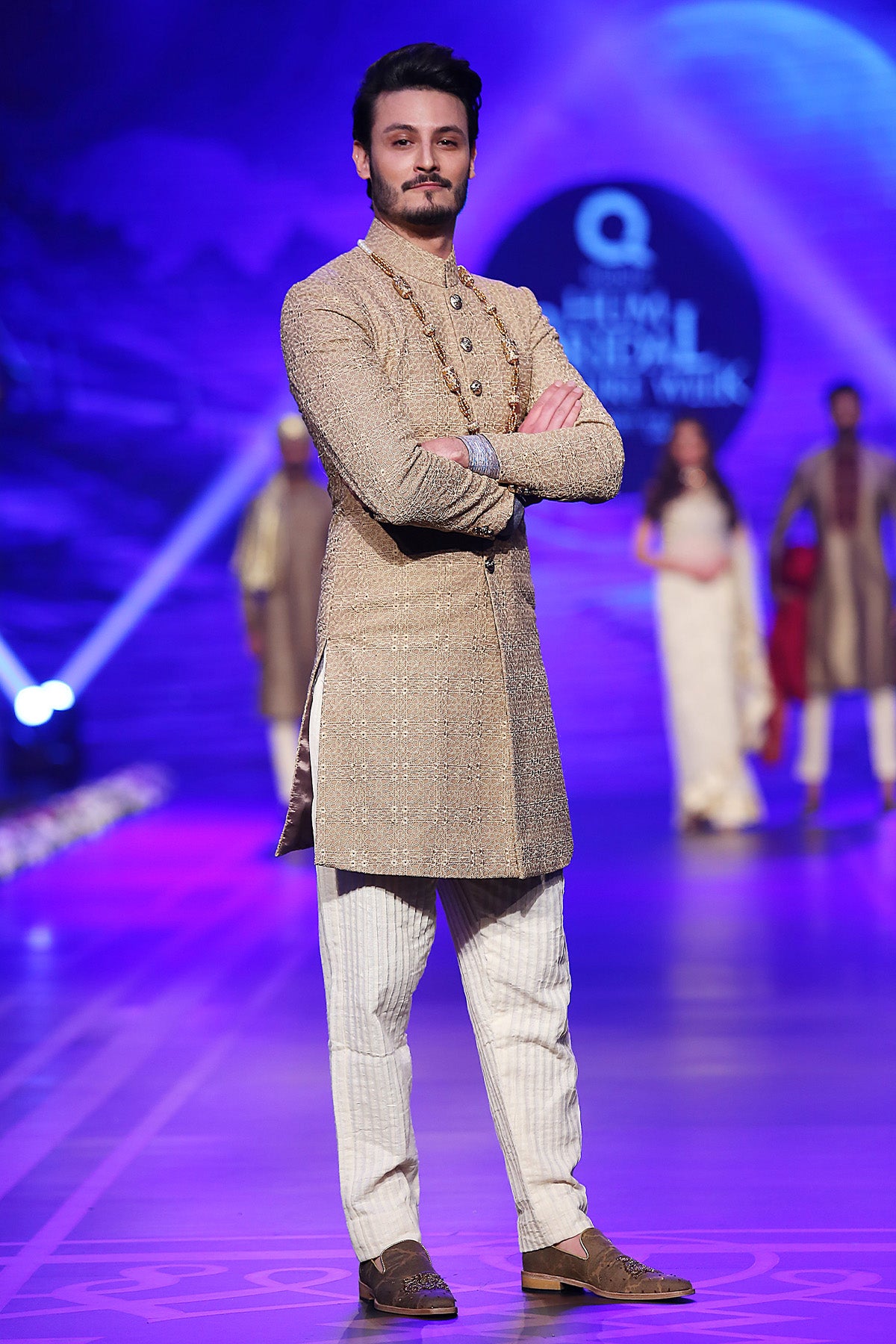 Beige Textured Silk-Blend Jacquard Sherwani (2-Piece) - Image 1