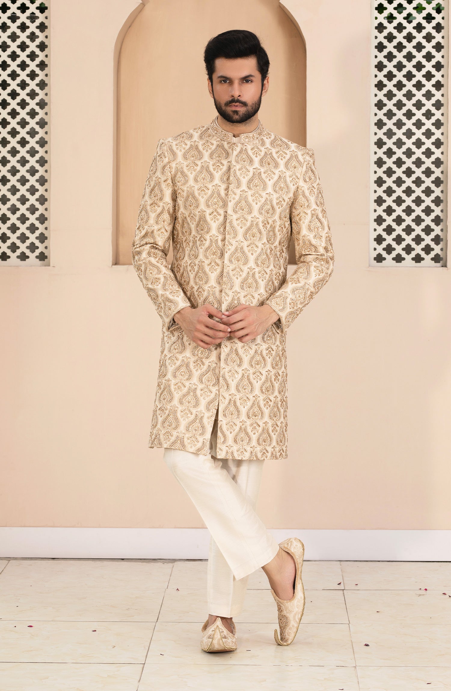 Beige Kora Dabka Embroidered Silk Sherwani (3-Piece) - Image 1