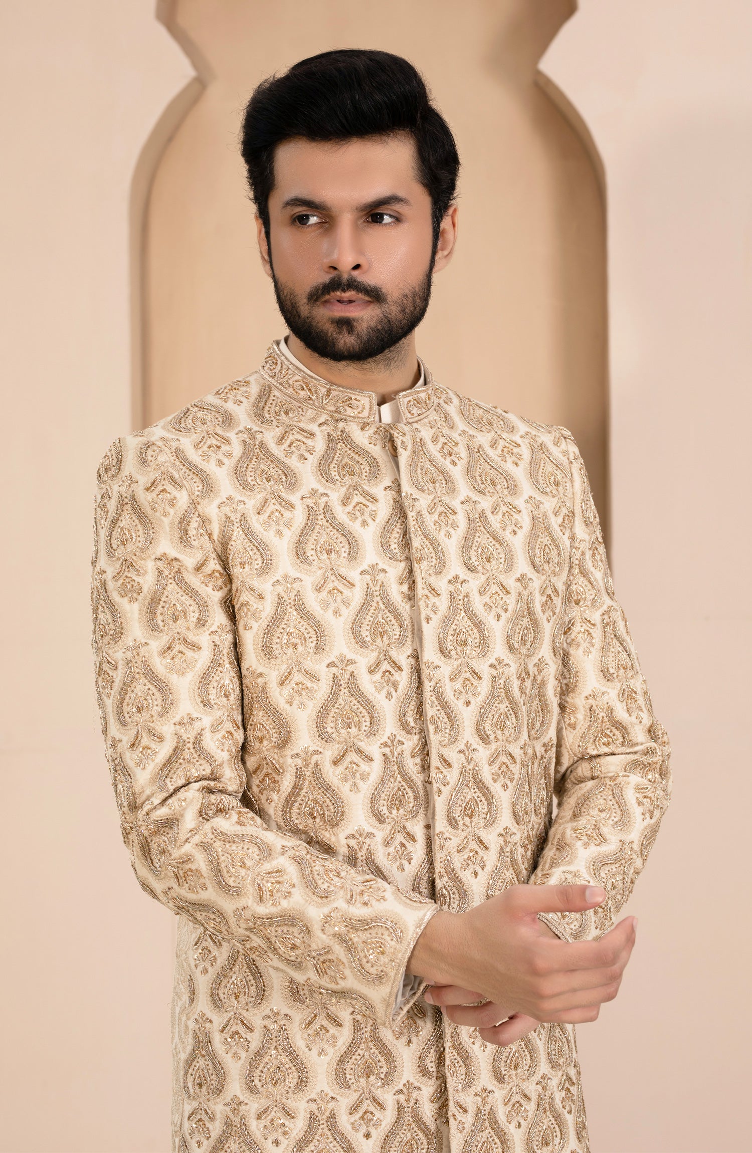 Beige Kora Dabka Embroidered Silk Sherwani (3-Piece) - Image 2
