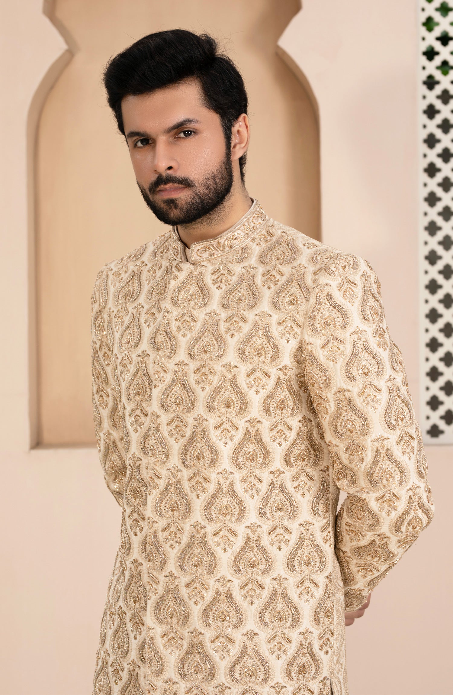 Beige Kora Dabka Embroidered Silk Sherwani (3-Piece) - Image 3