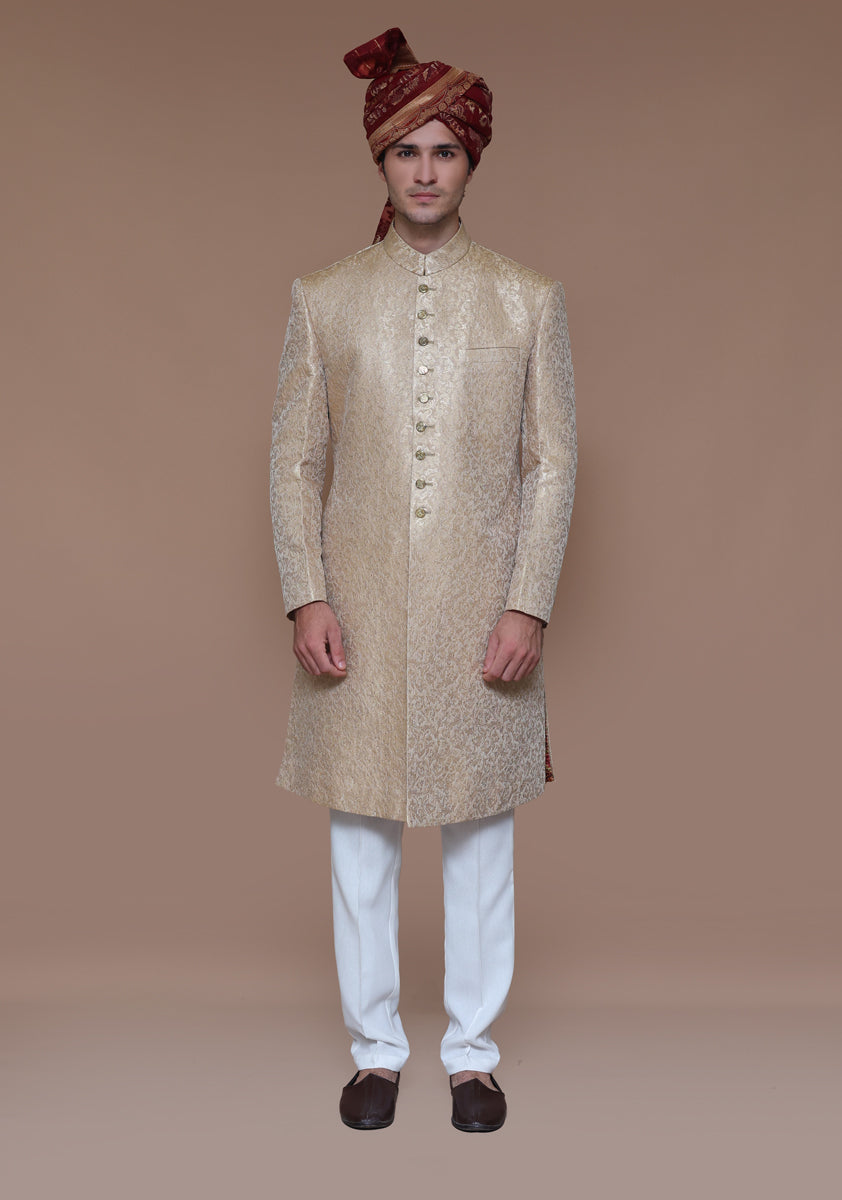 Almond Buff Zari Karandi Jamawar Sherwani (2-Piece) - Image 1