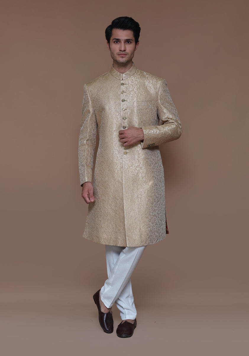 Almond Buff Zari Karandi Jamawar Sherwani (2-Piece) - Image 2