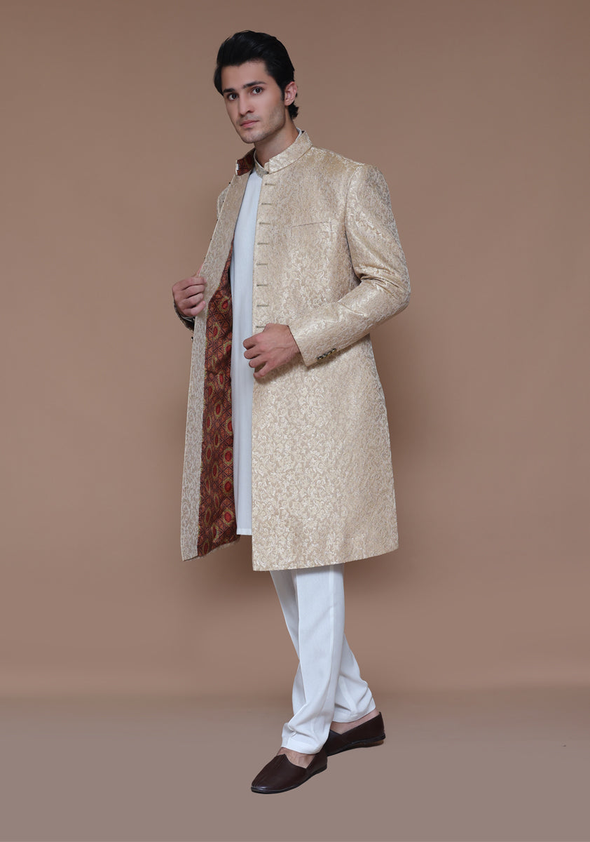 Almond Buff Zari Karandi Jamawar Sherwani (2-Piece) - Image 3