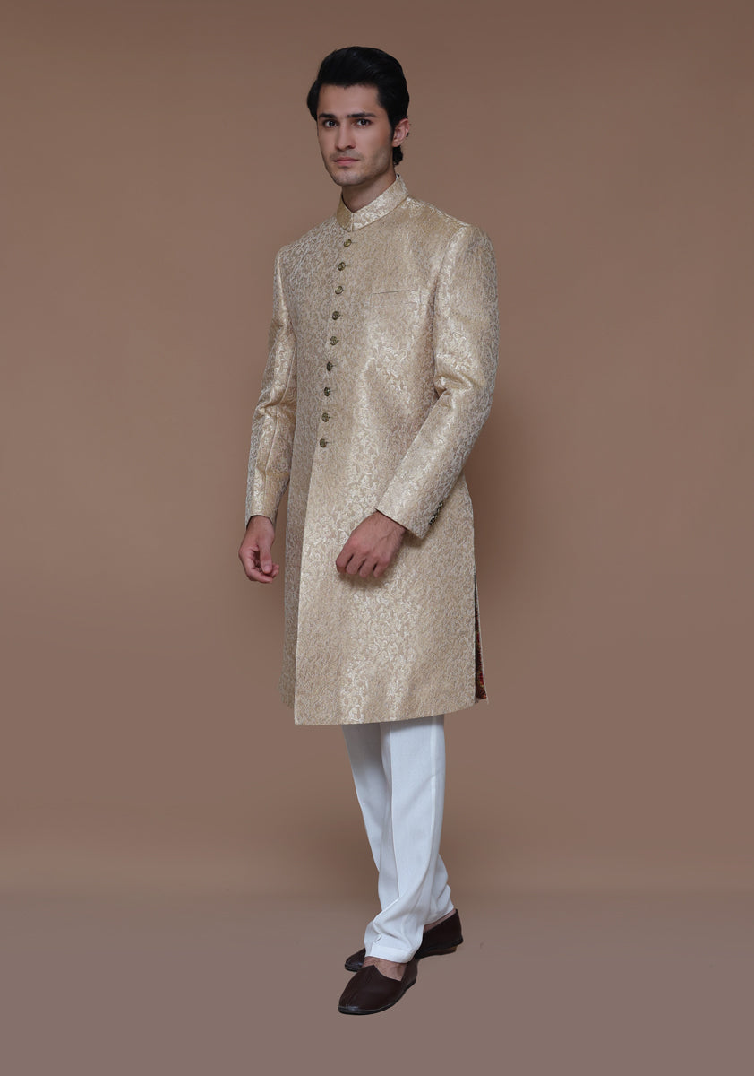 Almond Buff Zari Karandi Jamawar Sherwani (2-Piece) - Image 4