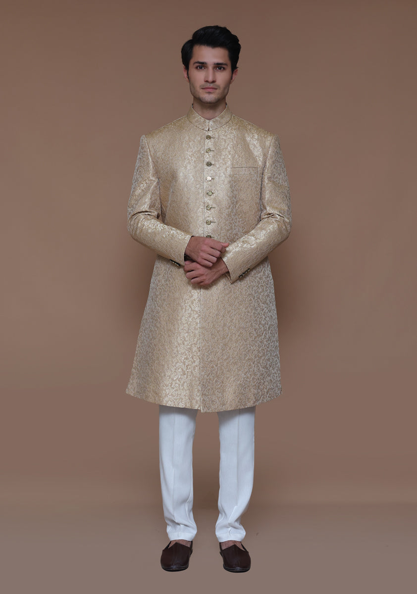 Almond Buff Zari Karandi Jamawar Sherwani (2-Piece) - Image 5