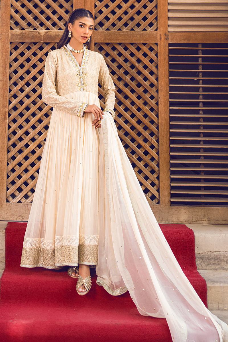 Pakistani Beige Handworked Pure Chiffon Anarkali (2-Piece) - Image 1