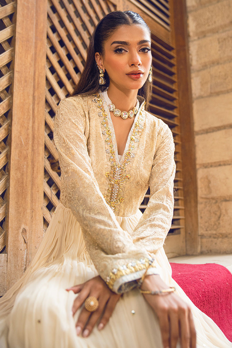 Pakistani Beige Handworked Pure Chiffon Anarkali (2-Piece) - Image 3