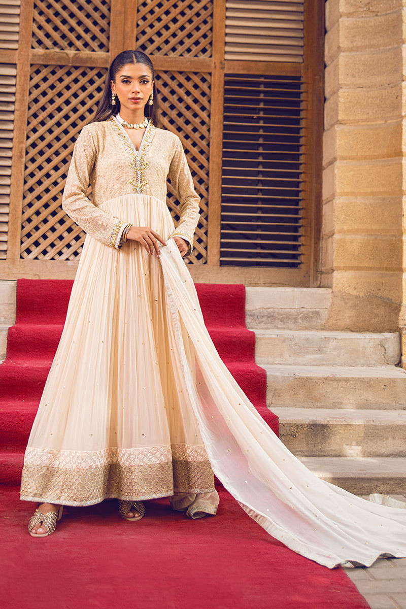 Pakistani Beige Handworked Pure Chiffon Anarkali (2-Piece) - Image 5