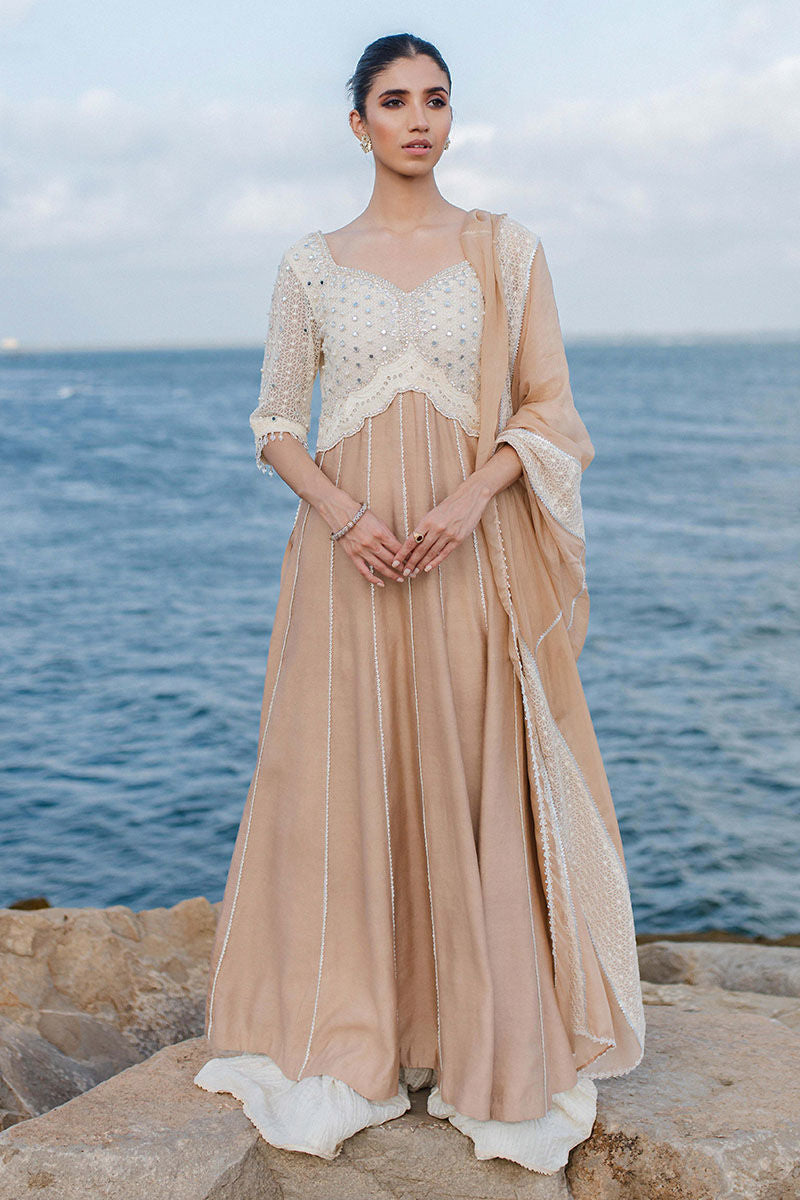 Latte Beige Embroidered Khaadi Silk Anarkali Dress (3-Piece) - Image 1