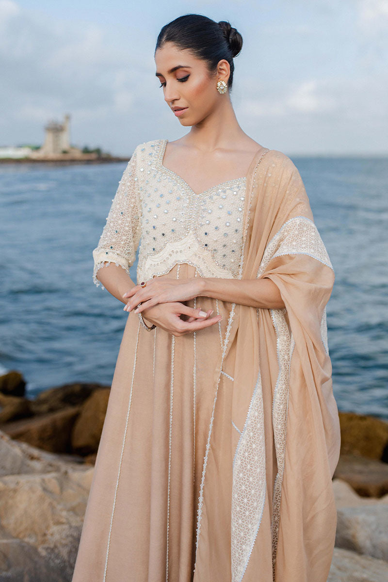 Latte Beige Embroidered Khaadi Silk Anarkali Dress (3-Piece) - Image 10