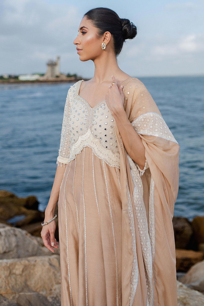 Latte Beige Embroidered Khaadi Silk Anarkali Dress (3-Piece) - Image 11