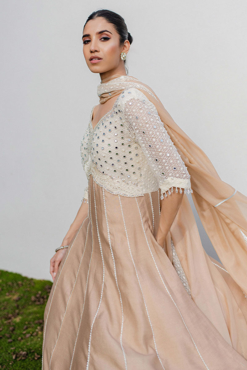 Latte Beige Embroidered Khaadi Silk Anarkali Dress (3-Piece) - Image 12