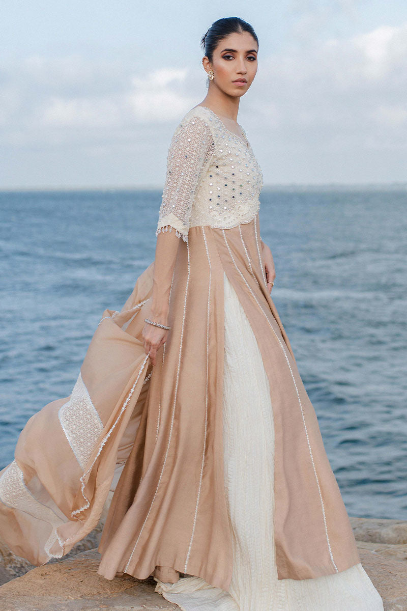 Latte Beige Embroidered Khaadi Silk Anarkali Dress (3-Piece) - Image 2