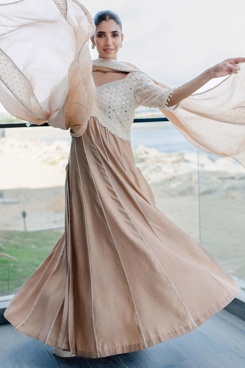 Latte Beige Embroidered Khaadi Silk Anarkali Dress (3-Piece) - Image 3