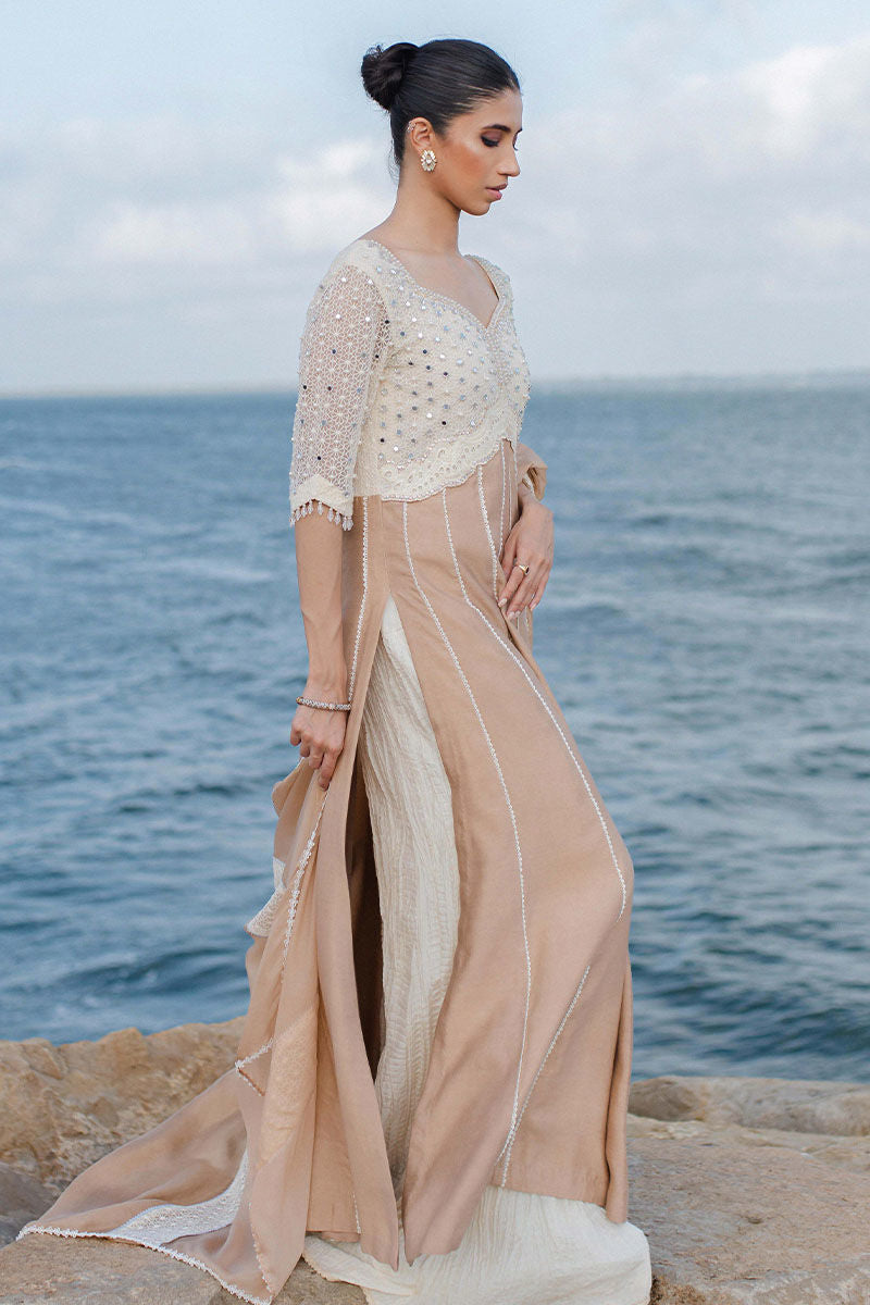 Latte Beige Embroidered Khaadi Silk Anarkali Dress (3-Piece) - Image 4