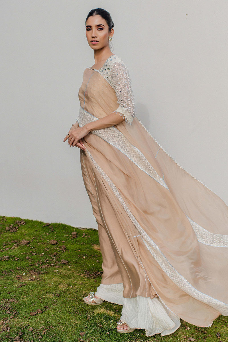 Latte Beige Embroidered Khaadi Silk Anarkali Dress (3-Piece) - Image 5