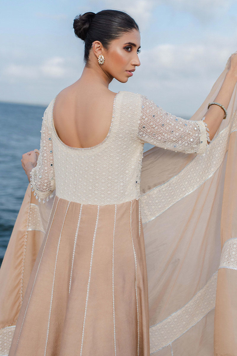 Latte Beige Embroidered Khaadi Silk Anarkali Dress (3-Piece) - Image 6