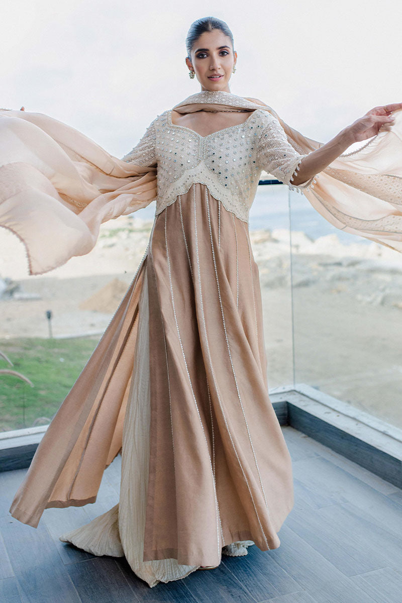 Latte Beige Embroidered Khaadi Silk Anarkali Dress (3-Piece) - Image 7