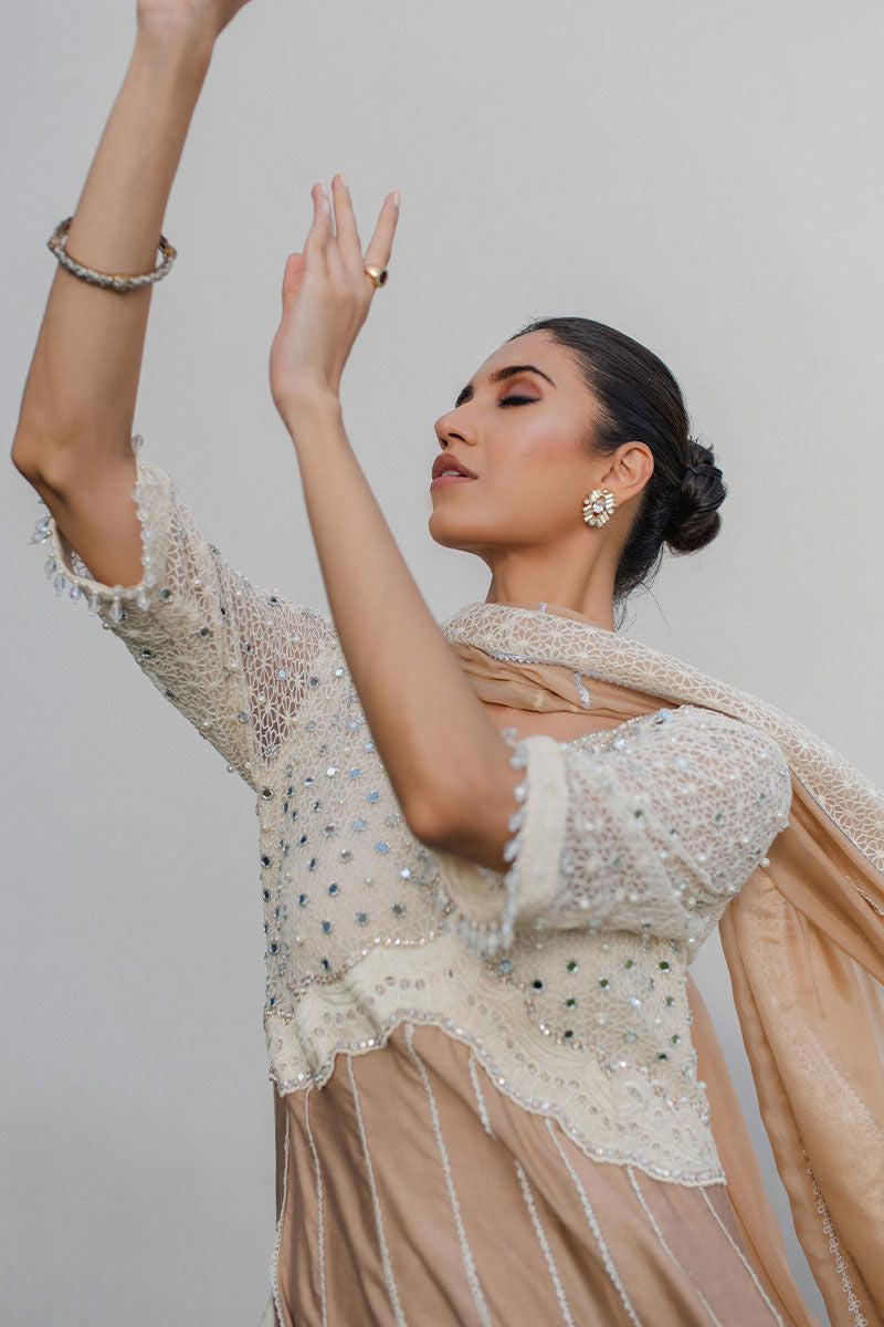 Latte Beige Embroidered Khaadi Silk Anarkali Dress (3-Piece) - Image 8