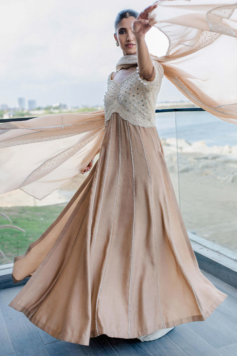 Latte Beige Embroidered Khaadi Silk Anarkali Dress (3-Piece) - Image 9