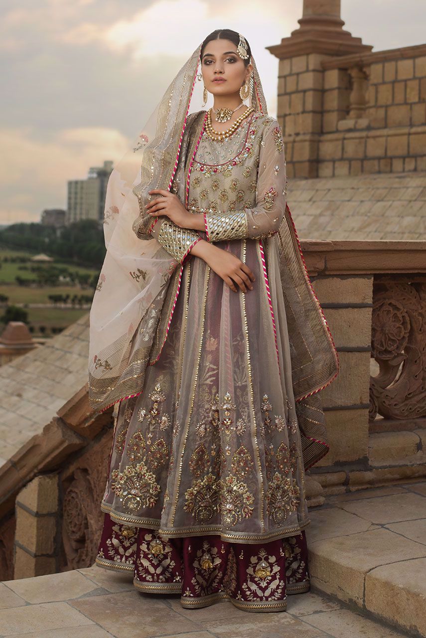 Pakistani Beige Gotta Patti Zardozi Maisuri Tissue Anarkali (3-Piece) - Image 1