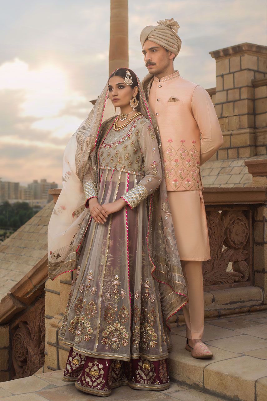 Pakistani Beige Gotta Patti Zardozi Maisuri Tissue Anarkali (3-Piece) - Image 2