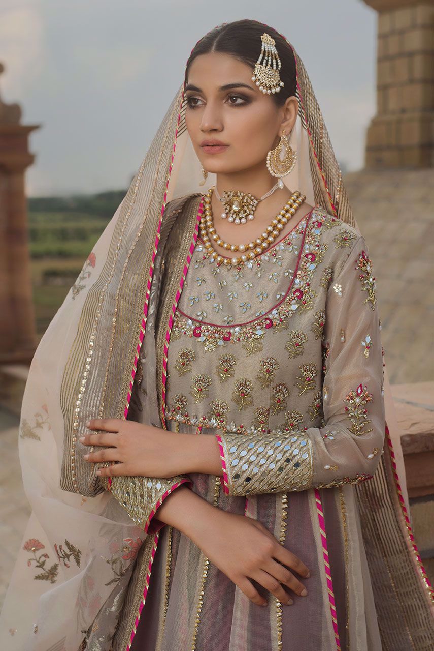 Pakistani Beige Gotta Patti Zardozi Maisuri Tissue Anarkali (3-Piece) - Image 3