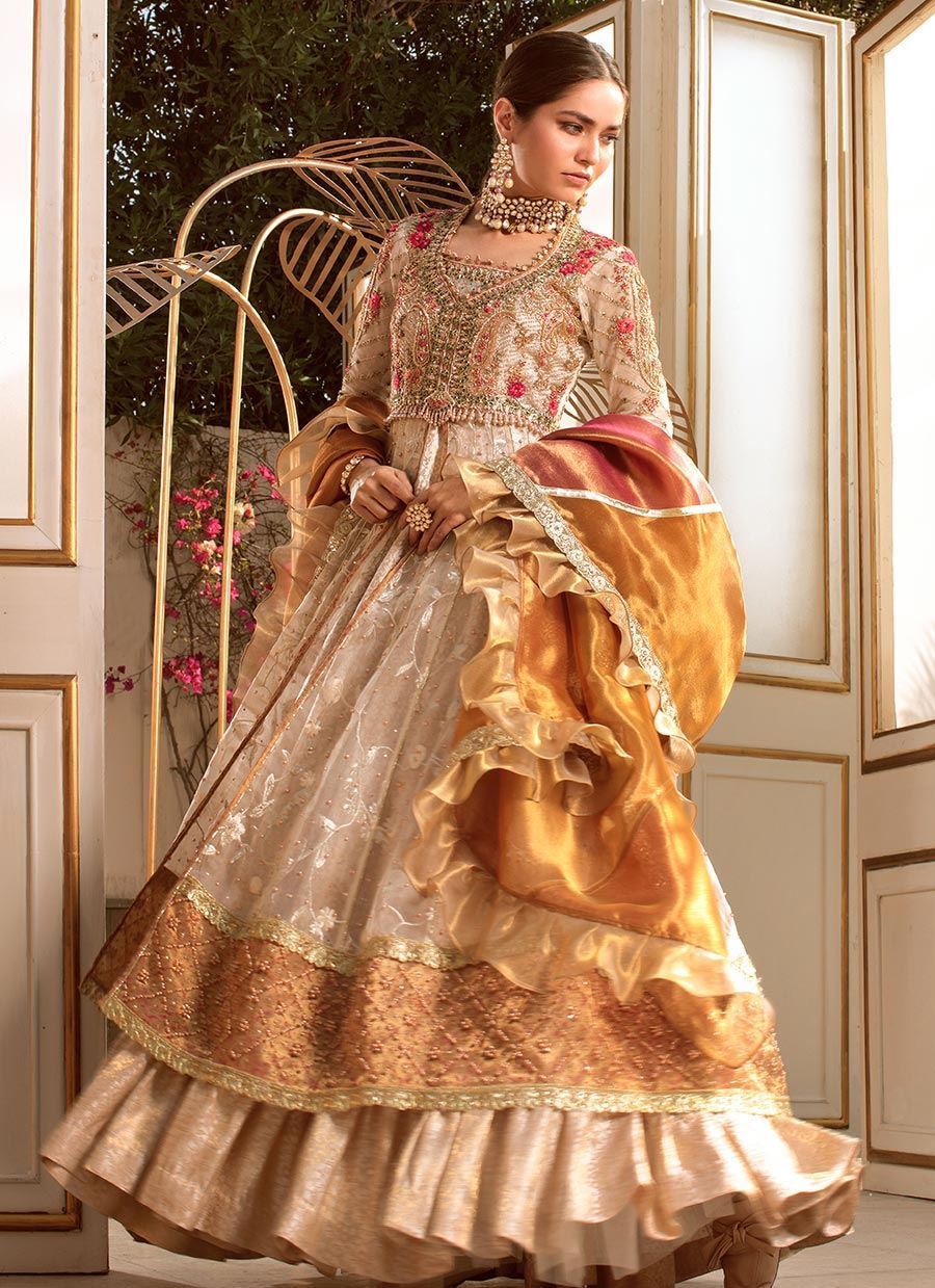 Pakistani Beige Embroidered Organza Anarkali Dress (2-Piece) - Image 1