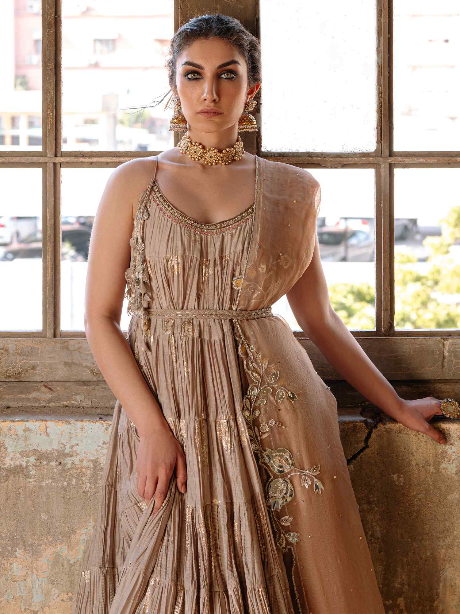 Pakistani Taupe Embroidered Organza Anarkali Dress (2-Piece) - Image 2