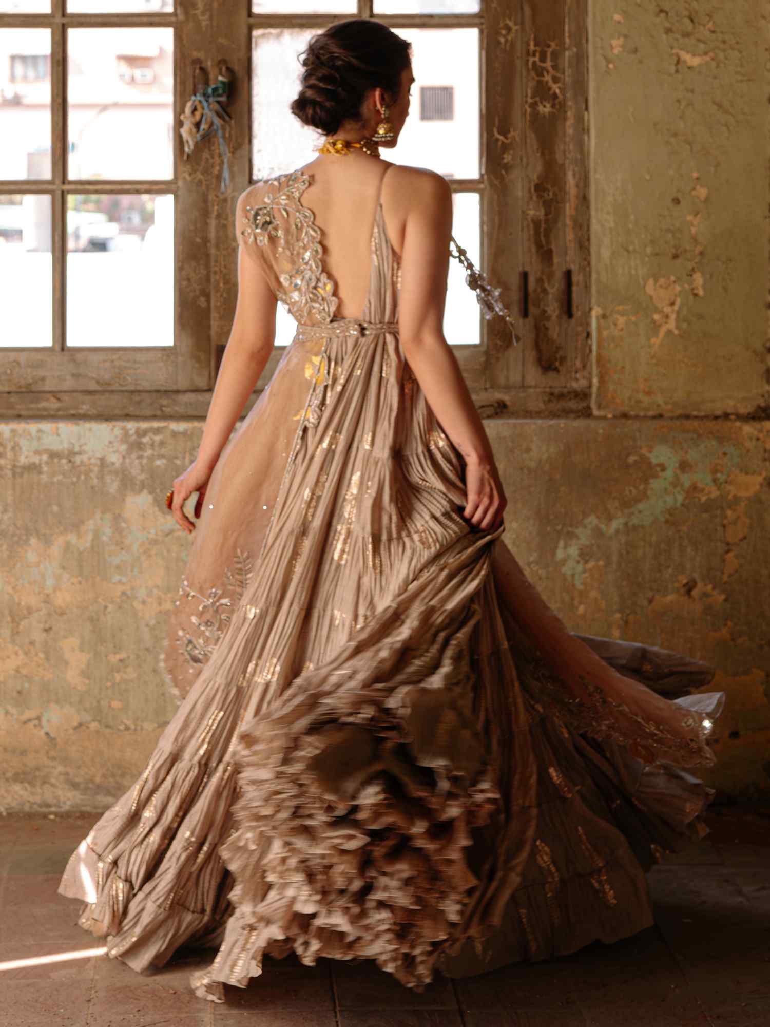 Pakistani Taupe Embroidered Organza Anarkali Dress (2-Piece) - Image 3