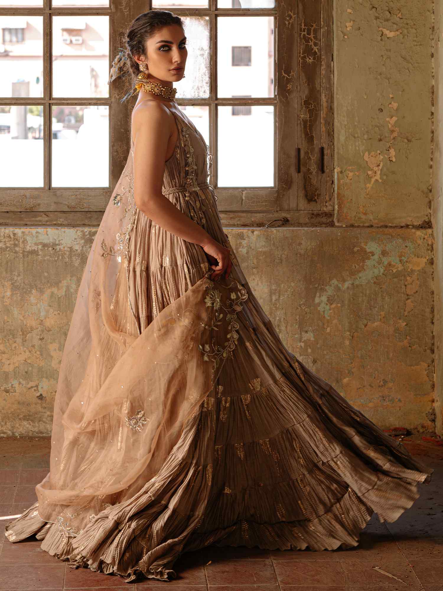 Pakistani Taupe Embroidered Organza Anarkali Dress (2-Piece) - Image 4